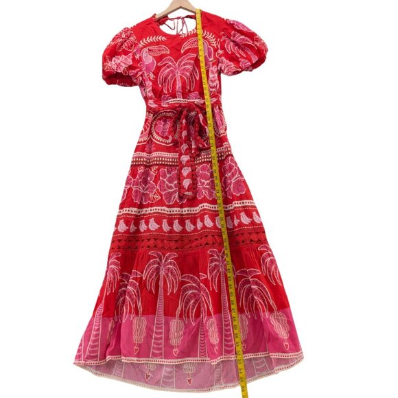 FARM Rio Summer Sunrise Midi Dress Red Short Sleeve Belted Back Cut Out Size S - Picture 7 of 13
